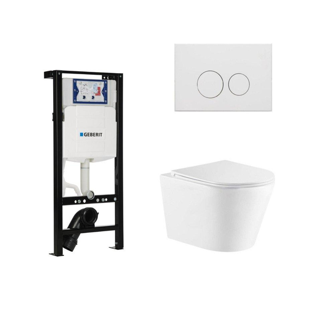 QeramiQ Dely Toiletset - 36.3x51.7cm - diepspoel - rimless - Geberit UP320 plieger inbouwreservoir - softclose toiletzitting - mat witte bedieningsplaat - ronde knoppen - wit glans SW543431/SW1381697/SW706190