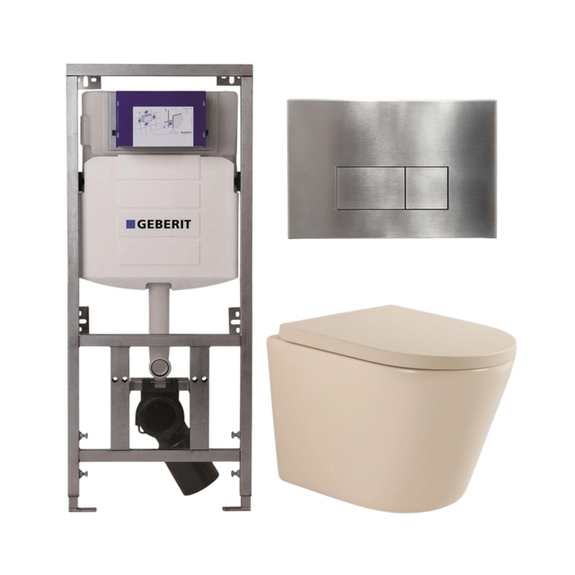 QeramiQ Dely Toiletset - 36.3x51.7cm - diepspoel - rimless - Geberit UP320 inbouwreservoir - softclose toilet zitting 35 mm - steel bedieningsplaat - rechthoekige knoppen - mat beige SW1000764/SW1000771/0701131/SW706195