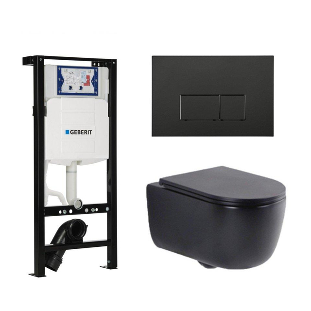 QeramiQ Dely Swirl Toiletset - 36.3x51.7cm - Geberit UP320 plieger inbouwreservoir - slim zitting - mat zwarte metalen bedieningsplaat - rechthoekige knoppen - mat zwart SW1381697/SW706193/SW1000768/SW1026258