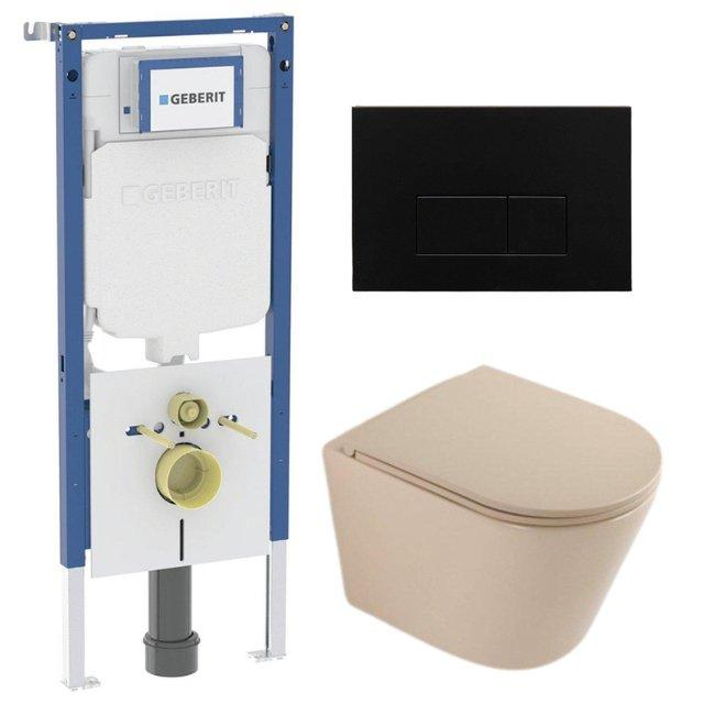 Geberit QeramiQ Dely Toiletset - 36.3x51.7cm - diepspoel - rimless -  UP720 inbouwreservoir - softclose toilet zitting - metaal mat zwart bedieningsplaat - rechthoekige knoppen - mat beige SW1000764/SW