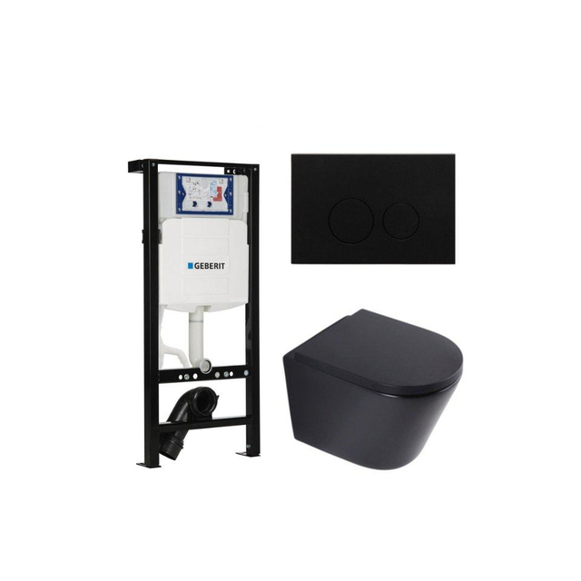 QeramiQ Dely Toiletset - 36.3x51.7cm - diepspoel - rimless - Geberit UP320 plieger inbouwreservoir - softclose toilet zitting 35 mm - metaal mat zwarte bedieningsplaat - ronde knoppen - mat zwart SW1026253/SW1000769/SW1381697/SW706192