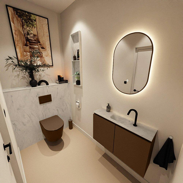 MONDIAZ TURE-DLUX 80cm toiletmeubel Rust. EDEN wastafel Opalo positie midden. Met 1 kraangat. TUREDX80RUSM1OPA