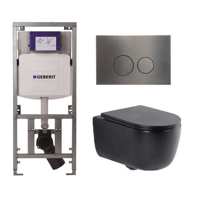 Geberit QeramiQ Dely Swirl Toiletset - 36.3x51.7cm -  UP320 inbouwreservoir - met Burda frame - slim zitting - gunmetal bedieningsplaat - ronde knoppen - mat zwart 0701131/SW706198/SW1000768/SW1026258