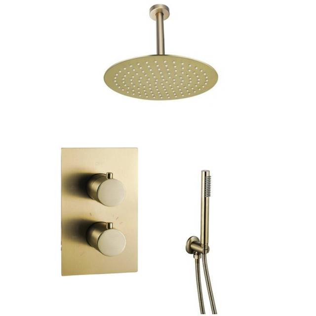 Fortifura Calvi Inbouw Regendoucheset - thermostatisch - plafondarm - 30cm hoofddouche - staaf handdouche - metalen doucheslang - geborsteld Messing PVD (Goud) SW706206/SW1139122/SW720557/SW720569/SW7