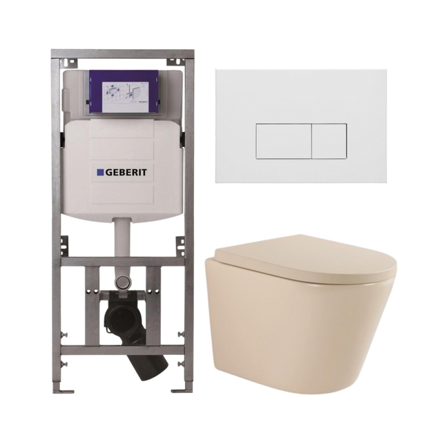 QeramiQ Dely Toiletset - 36.3x51.7cm - diepspoel - rimless - Geberit UP320 inbouwreservoir - softclose toilet zitting 35 mm - mat witte bedieningsplaat - rechthoekige knoppen - mat beige SW1000764/SW1000771/0701131/SW706191
