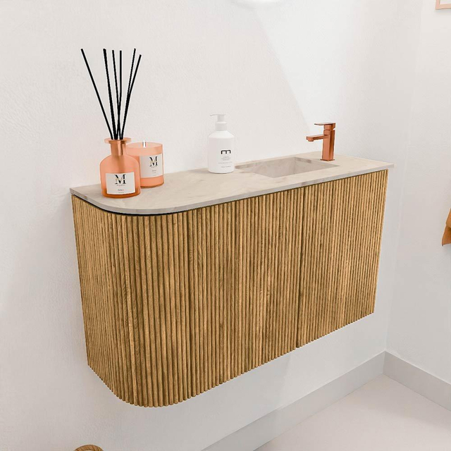 Mondiaz JOYA-DLUX 71.6cm toiletmeubel - ronding links kleur Oak - Wastafel FAYE positie Rechts 1 kraangat kleur Frappe. JYDLX72LR2D1KOakFra