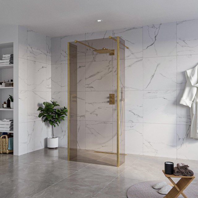 Goedkoopste Fortifura Galeria Vrijstaande Inloopdouche - 90x200cm - Rookglas - antikalk - 8mm veiligheidsglas - 2 zijwanden 30cm - wandsteunen en hoekprofielen - Geborsteld Messing PVD (Goud) SW927770 2x SW797938 SW797930 2x SW798731 2x