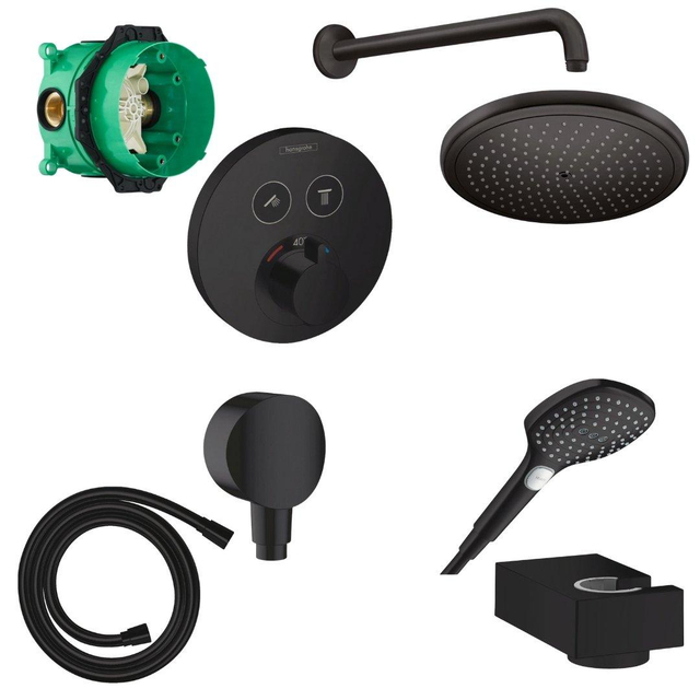 Hansgrohe Raindance select Doucheset - inbouwdeel - handdouche - wandhouder - doucheslang - thermostaat - hoofddouche - douchearm - douche aansluitstuk - mat zwart 457051/SW297303/SW297583/SW297293/SW451569/SW52878
