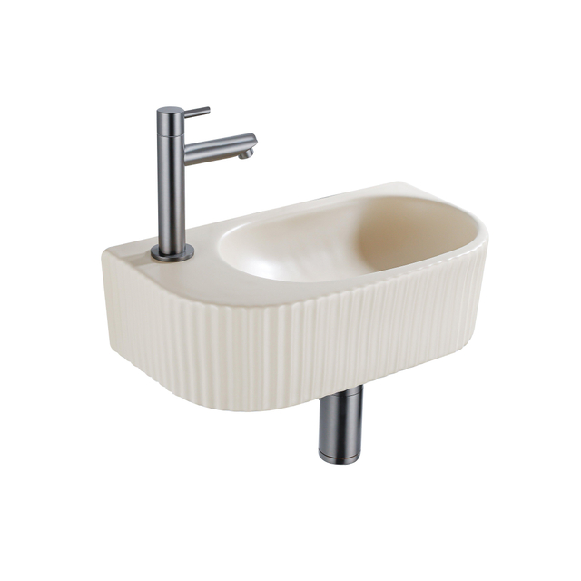 QeramiQ Fuente Fonteinset - 40x21.5x12cm - links - geribbeld - halfrond - 1 kraangat - keramiek - fonteinkraan gunmetal - afvoerplug - verlaagd sifon - beige SW1209549/SW769487/SW767295/SW696239
