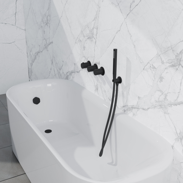 Fortifura Nebbio Badcombinatie-set - thermostaatkraan - inbouwdeel - inbouw uitbreiding - wandaansluitbocht - metalen doucheslang - staaf handdouche - badafvoer opbouw - mat zwart SW1183065 SW1183076 SW1183078 SW542644 SW706203 SW