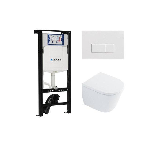 QeramiQ Dely Toiletset - 36.3x51.7cm - diepspoel - rimless - Geberit UP320 plieger inbouwreservoir - softclose toilet zitting 35 mm - glans witte bedieningsplaat - rechthoekige knoppen - wit glans SW1026255 / SW1159505/SW1381697/SW706187