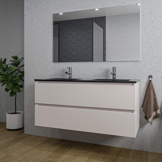 Adema Chaci Badkamermeubelset - 120x46x57cm - 2 keramische wasbakken zwart - 2 kraangaten - 2 lades - rechthoekige spiegel - mat cotton (beige) SW1212783/SW761657/SW724613