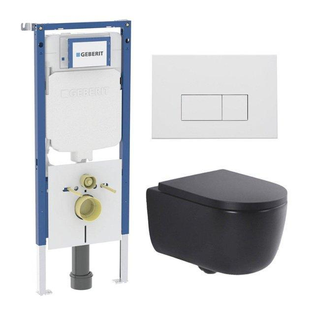 Geberit QeramiQ Dely Swirl Toiletset - 36.3x51.7cm -  UP720 Duofix Sigma inbouwreservoir - 35mm zitting - mat witte metalen bedieningsplaat - rechthoekige knoppen - mat zwart SW1237202/SW706191/SW10007