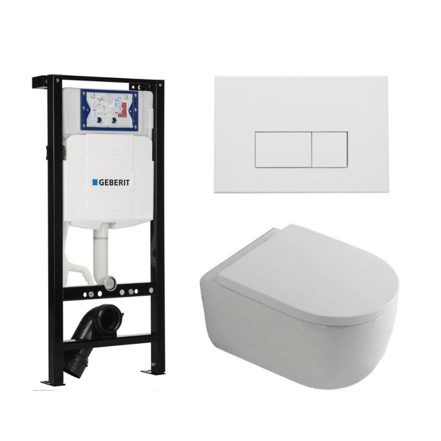 QeramiQ Dely Swirl Toiletset - 36.3x51.7cm - diepspoel - rimless - Geberit UP320 plieger inbouwreservoir - 35mm zitting - mat witte metalen bedieningsplaat - rechtehoekige knoppen - wit mat SW1381697/SW706191/SW1000767/SW1026257