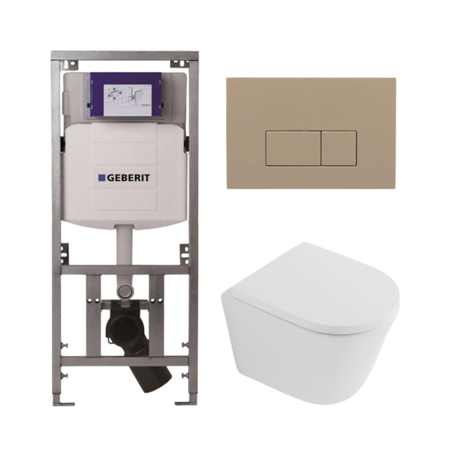 QeramiQ Dely Toiletset - 36.3x51.7cm - diepspoel - rimless - Geberit UP320 inbouwreservoir - softclose toilet zitting 35 mm - bedieningsplaat taupe - rechthoekige knoppen - mat wit SW1026254/SW1000767/0701131/SW1102379