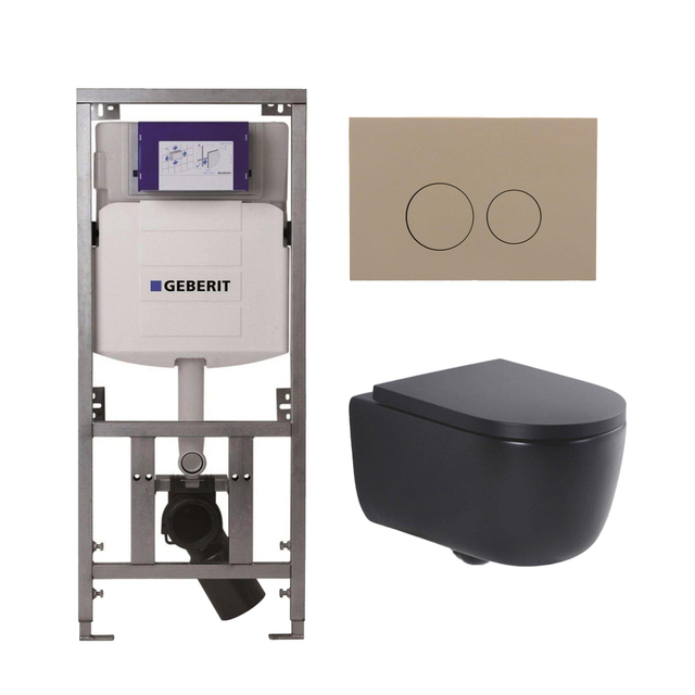 QeramiQ Dely Swirl Toiletset - 36.3x51.7cm - Geberit UP320 Burda inbouwreservoir - 35mm zitting - bedieningsplaat taupe - ronde knoppen - mat zwart 0701131/SW1102378/SW1000769/SW1026258