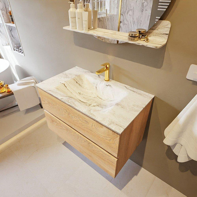 Goedkoopste Mondiaz VICA-DLUX 80cm badmeubel onderkast Washed Oak 2 lades. Inbouw wastafel CLOUD midden 1 kraangat, kleur Glace, en spiegel model SPOT VDXSPSP80Was2LM1Gla
