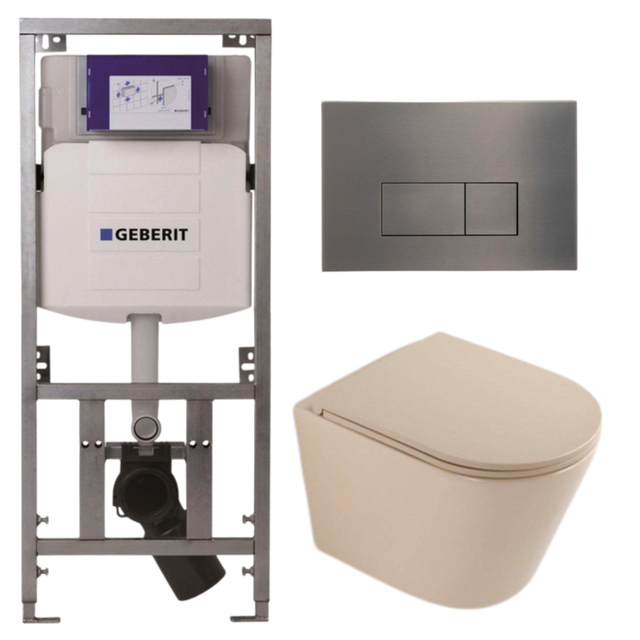 QeramiQ Dely Toiletset - 36.3x51.7cm - diepspoel - rimless - Geberit UP320 inbouwreservoir - softclose toilet zitting - gunmetal bedieningsplaat - rechthoekige knoppen - mat beige SW1000764/SW1000770/0701131/SW706199