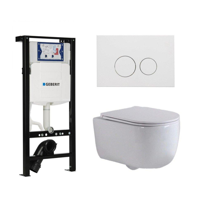 QeramiQ Dely Swirl Toiletset - 36.3x51.7cm - diepspoel - rimless - Geberit UP320 plieger inbouwreservoir - slim zitting - mat witte metalen bedieningsplaat - ronde knoppen - wit mat SW1381697/SW706190/SW1000766/SW1026257