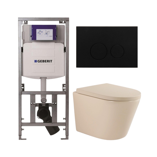 QeramiQ Dely Toiletset - 36.3x51.7cm - diepspoel - rimless - Geberit UP320 inbouwreservoir - softclose toilet zitting 35 mm - metaal mat zwarte bedieningsplaat - ronde knoppen - mat beige SW1000764/SW1000771/0701131/SW706192