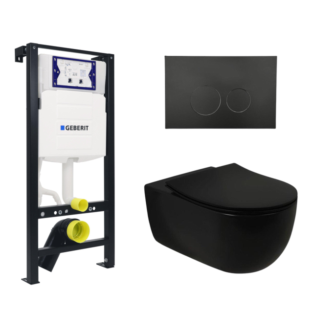 Plieger Kansas Toiletset - UP320 inbouwreservoir - wandcloset - slim zitting - softclose - mat zwarte bedieningsplaat - ronde knoppen - mat zwart SW1381697/SW499802/SW706188
