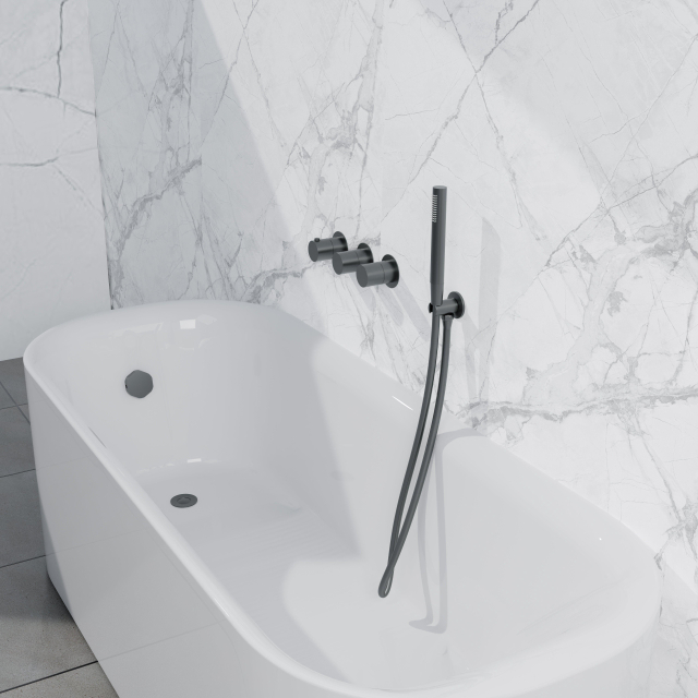 Fortifura Nebbio Badcombinatie-set - thermostaatkraan - inbouwdeel - inbouw uitbreiding - wandaansluitbocht - gladde doucheslang - staaf handdouche - badafvoer opbouw - geborsteld gunmetal PVD SW1183068 SW1183076 SW1183081 SW766536 SW721165 SW