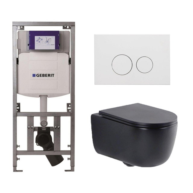 QeramiQ Dely Swirl Toiletset - 36.3x51.7cm - Geberit UP320 Burda inbouwreservoir - slim zitting - mat witte metalen bedieningsplaat - ronde knoppen - mat zwart 0701131/SW706190/SW1000768/SW1026258