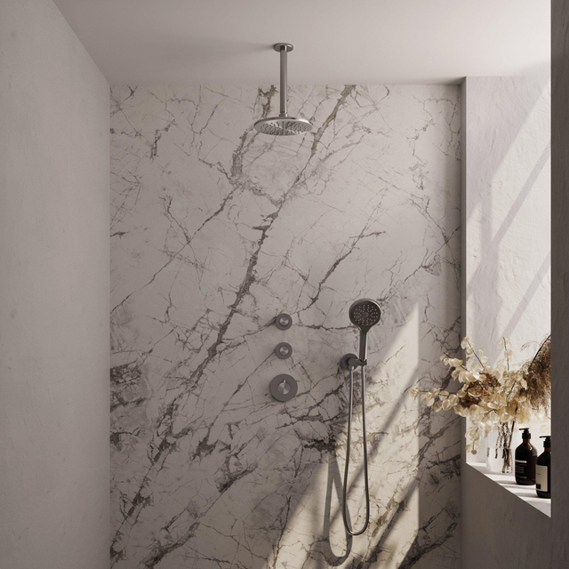 Brauer Brushed Edition Regendoucheset inbouw - hoofddouche 20cm -- plafondarm - 3 gladde knoppen -inbouwdeel - handdouche rond 3 standen - PVD - geborsteld - RVS 5-NG-029