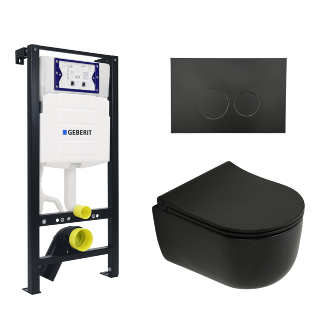Plieger Kansas Toiletset - UP320 inbouwreservoir - compact - wandcloset - pressalit slim zitting - softclose - mat zwarte bedieningsplaat - ronde knoppen - mat zwart SW1381697/SW654795/SW706188