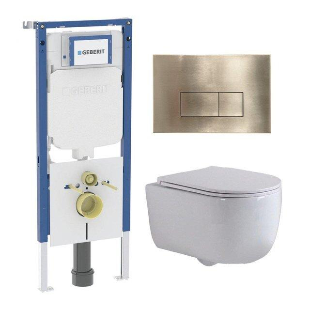 Geberit QeramiQ Dely Swirl Toiletset - 36.3x51.7cm -  UP720 Duofix Sigma inbouwreservoir - slim zitting - geborsteld messing bedieningsplaat - rechthoekige knoppen - wit glans SW1237202/SW706201/SW1000