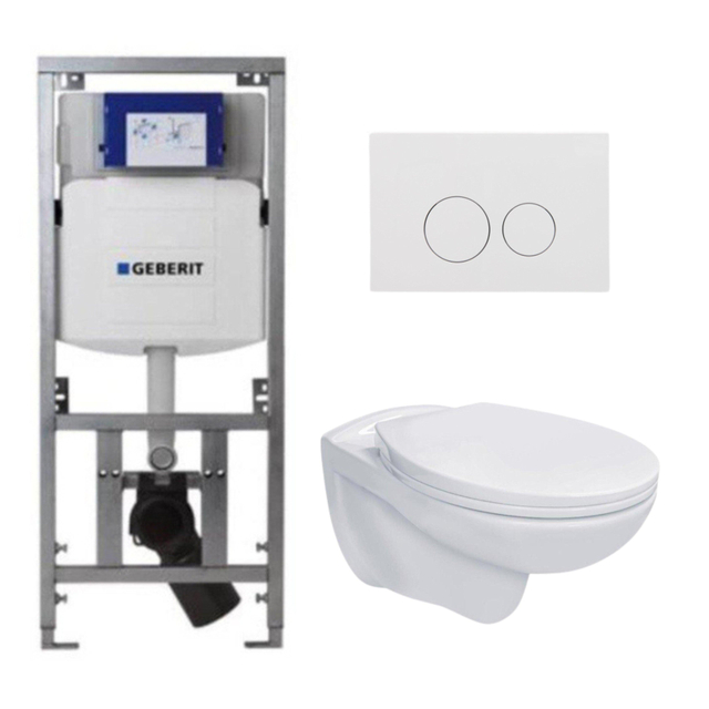Geberit Adema Classico toiletset bestaande uit inbouwreservoir en toiletpot, basic toiletzitting en bedieningsplaat wit SW1152613/SW706186/0701131