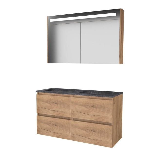 Basic-Line Premium 46 badkamermeubelset - 120x46cm - greeploos - 4 lades - hardsteen wastafel - 2 kraangaten - Spiegelkast - geintegreerde LED verlichting - MFC Whisky Oak 1813208