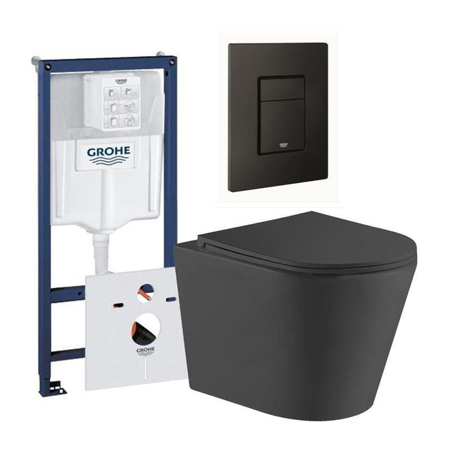 QeramiQ Dely Toiletset Grohe inbouwreservoir mat zwarte bedieningsplaat rechthoek toilet zitting mat