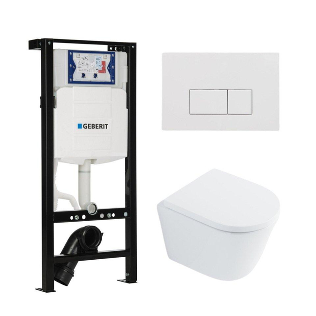 QeramiQ Dely Toiletset - 36.3x51.7cm - diepspoel - rimless - Geberit UP320 plieger inbouwreservoir - softclose toilet zitting 35 mm - glans witte bedieningsplaat - rechthoekige knoppen - mat wit SW1026254/SW1000767/SW1381697/SW706187