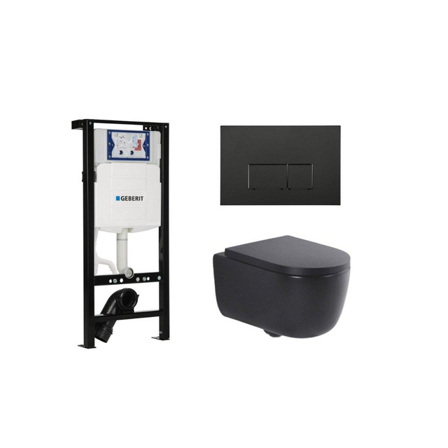 QeramiQ Dely Swirl Toiletset - 36.3x51.7cm - Geberit UP320 plieger inbouwreservoir - 35mm zitting - mat zwarte bedieningsplaat - rechthoekige knoppen - mat zwart SW1000769/SW1026258/SW1381697/SW706189