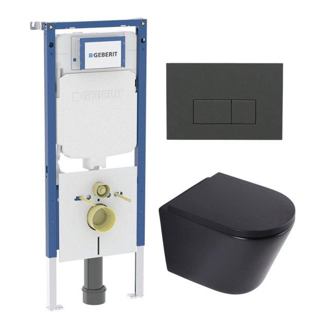 Geberit QeramiQ Dely Toiletset - 36.3x51.7cm - diepspoel - rimless -  UP720 inbouwreservoir - softclose toilet zitting 35 mm - bedieningsplaat antraciet mat - rechthoekige knoppen - mat zwart SW1026253