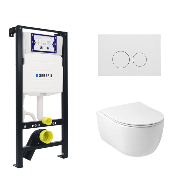 Plieger Kansas Toiletset - UP320 inbouwreservoir - wandcloset - compact - slim zitting - softclose - mat witte bedieningsplaat - ronde knoppen - mat witte SW1381697/SW500011/SW706190