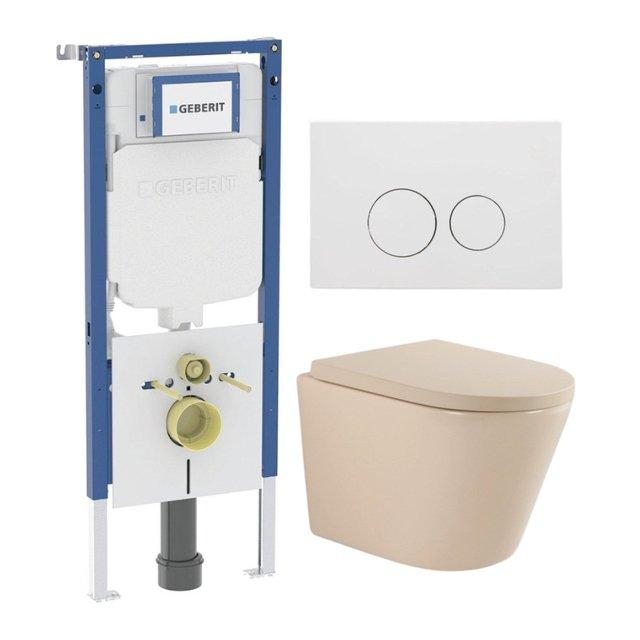 Geberit QeramiQ Dely Toiletset - 36.3x51.7cm - diepspoel - rimless -  UP720 inbouwreservoir - softclose toilet zitting 35 mm - mat witte bedieningsplaat - ronde knoppen - mat beige SW1000764/SW1000771/