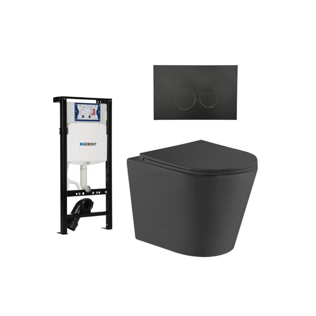 QeramiQ Dely Toiletset - 36.3x51.7cm - diepspoel - rimless - Geberit UP320 plieger inbouwreservoir - softclose toiletzitting - mat zwarte bedieningsplaat - ronde knoppen - zwart mat SW1026253/SW1381697/SW706192/SW1000768