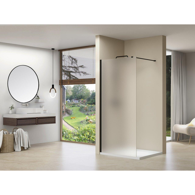 Van Rijn Products ST01 Vaste wand - 88x200cm - gesatineerd glas - dikte 8mm - muurprofiel - stabilisatiestang - zwart ST01ZW90PRGS