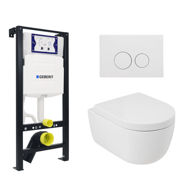 Plieger Kansas Toiletset - UP320 inbouwreservoir - wandcloset - compact - zitting - softclose - mat witte bedieningsplaat - ronde knoppen - mat wit SW1381697/SW702230/SW706190