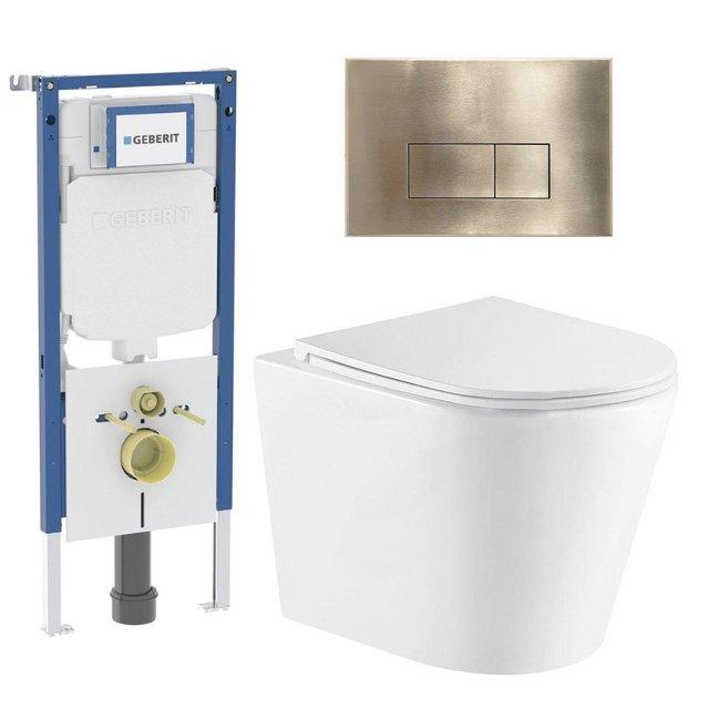 Geberit QeramiQ Dely Toiletset - 36.3x51.7cm - diepspoel - rimless -  UP720 inbouwreservoir - softclose toiletzitting - geborsteld messing bedieningsplaat - rechtehoekige knoppen - wit glans SW1159504/