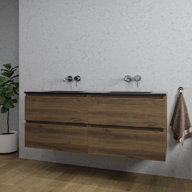 Adema Chaci Badkameronderkast - 140cm - 4 lades - greeploos - zwart keramieke wastafel - overloop - 2 wasbakken - zonder kraangaten - noten SW1171420/SW773934