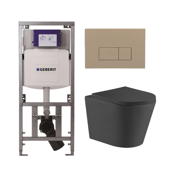 QeramiQ Dely Toiletset - 36.3x51.7cm - diepspoel - rimless - Geberit UP320 Burda inbouwreservoir - softclose toiletzitting - bedieningsplaat taupe - rechtehoekige knoppen - mat zwart SW1026253/0701131/SW1102379/SW1000768