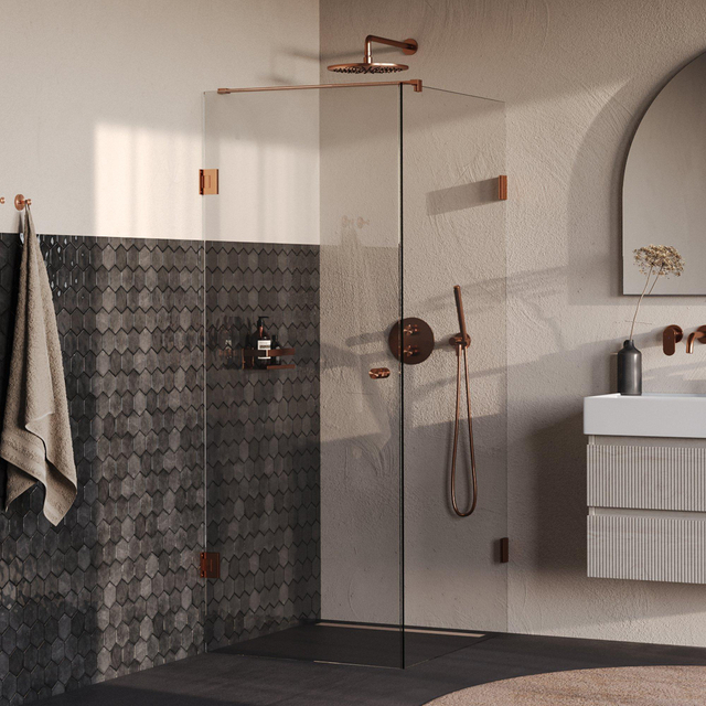 Brauer Void Carving Douchecabine - 80x100x200cm - draaideur - glascoating - omkeerbaar - helder glas - geborsteld koper PVD GS-VOCC1H80100200GK