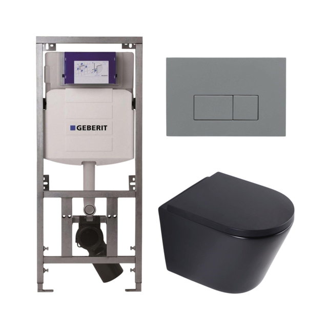 QeramiQ Dely Toiletset - 36.3x51.7cm - diepspoel - rimless - Geberit UP320 inbouwreservoir - softclose toilet zitting 35 mm - bedieningsplaat licht grijs - rechthoekige knoppen - mat zwart SW1026253/SW1000769/0701131/SW1102375