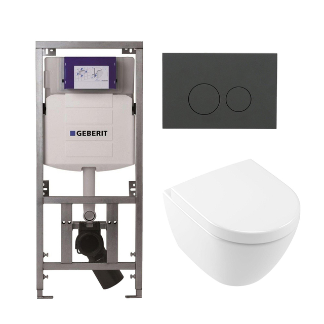 Villeroy & Boch Subway 2.0 Compact DirectFlush Toiletset - Geberit reservoir - softclose - quickrelease - bedieningsplaat mat antraciet - ronde knoppen - wit 0701131/1024232/SW1102376/1025456/