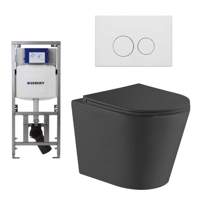 QeramiQ Dely Toiletset - 36.3x51.7cm - diepspoel - rimless - Geberit UP320 Burda inbouwreservoir - softclose toiletzitting - mat witte bedieningsplaat - ronde knoppen - mat zwart SW1026253/0701131/SW706190/SW1000768