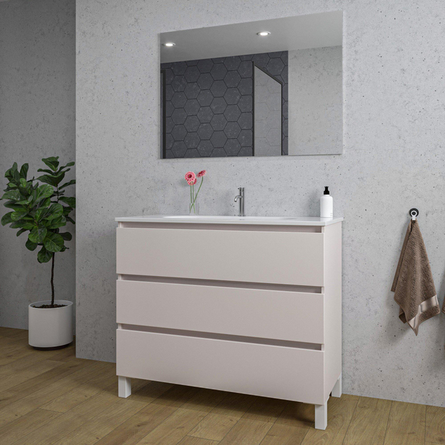 Adema Chaci PLUS Badkamermeubelset - 100x86x46cm - 1 ovale keramische wasbak wit - 1 kraangat - 3 lades - rechthoekige spiegel - mat cotton (beige) SW1212804/SW718718/SW724612