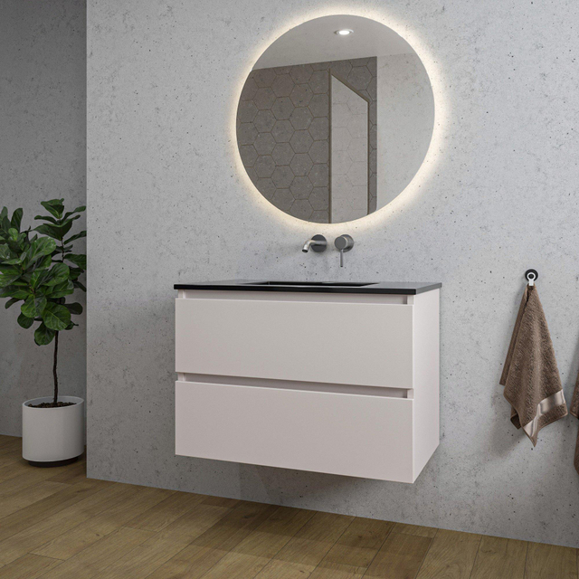 Adema Chaci Badkamermeubelset - 80x46x55cm - 1 keramische wasbak zwart - zonder kraangat - 2 lades - ronde spiegel met verlichting - mat cotton (beige) SW1212765/SW773931/SW108328